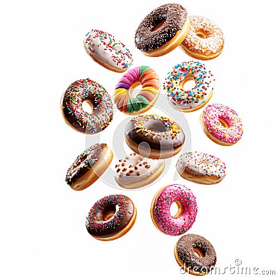 A Whimsical Assortment of Frosted Donuts Floating in Mid-Air, isolated on white background Stock Photo