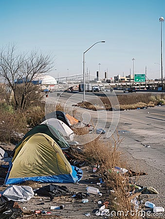 The image captures a roadside encampment with several tents. There is a significant amount of litter and debris Stock Photo