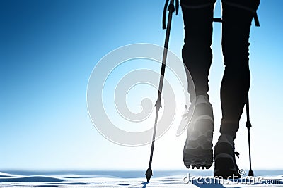 Silhouetted Hiker at Sunrise on Snowy Trail Stock Photo