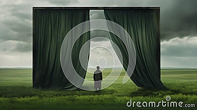 Silhouette of person behind green curtain looking out of stormy grassy landscape Stock Photo
