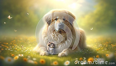 Gentle Guardian: A Dog's Tender Care for a Kitten Cartoon Illustration