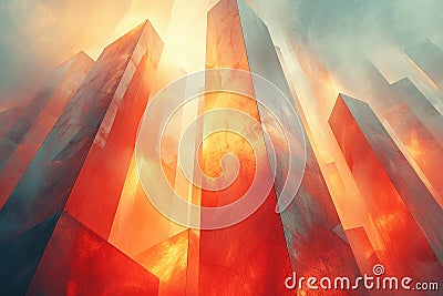 Majestic Fiery Peaks Rising Into a Hazy Sky at Sunset Stock Photo