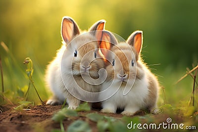 This image captures two adorable bunnies enjoying the warmth of the sun in a lush green meadow Stock Photo