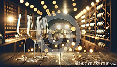 Elegant Wine Glasses in a Cozy Cellar Ambiance, AI Generated Stock Photo
