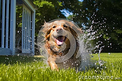 An image capturing the joy and excitement of a dog being washed with a garden hose outdoors on a sunny day, showcasing the playful Stock Photo