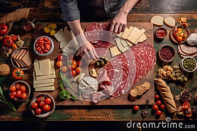 Image capturing the process of assembling a charcuterie platter, with the skilled hands of a chef arranging slices of salami and Stock Photo