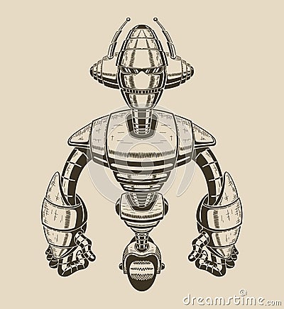 Image of a cartoon metal robot with antennas on Vector Illustration