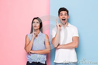 Image of caucasian man and woman in casual wear touching chins a Stock Photo