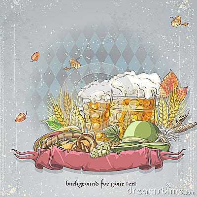 Image of a celebratory background oktoubest the steins of beer, hops, cones and autumn leaves Vector Illustration