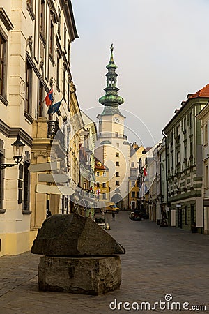 Image of centre of Bratislava with Michael`s Gate Stock Photo