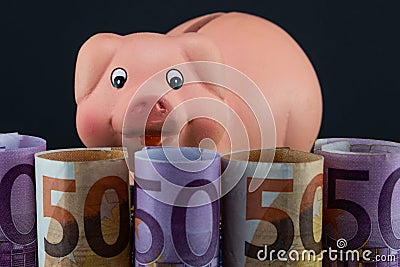 Image of ceramic piggy bank with a funny pig figure resting its head on euro Stock Photo