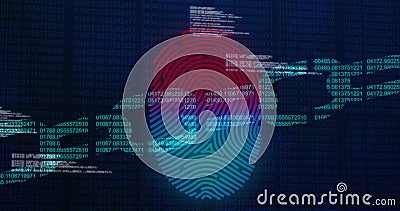 Image of a changing colours fingerprint over a chain made of data processing Stock Photo