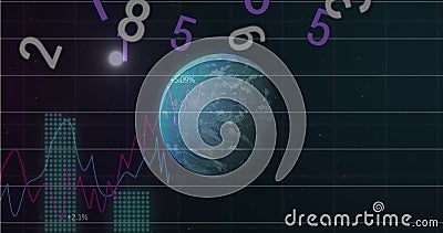 Image of changing numbers over graphs and rotating globe and moon on black background Stock Photo