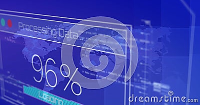 Image of changing numbers, texts, map and computer language over blue background Cartoon Illustration