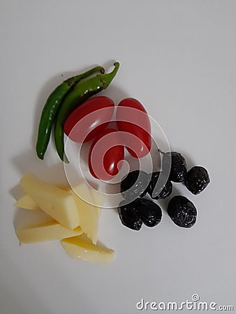 Ä°mage of cheese, tomato, olive, fresh pepper Stock Photo