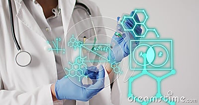 Image of chemical structures over biracial female doctor preparing vaccine Stock Photo