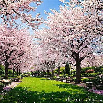 Cherry tree blossom explosion in Hurd Park, Dover, New Jersey. Same trees, with green summer foliage, can be found by Stock Photo
