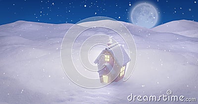 Image of christmas cottage in winter landscape, with full moon and falling snow Stock Photo