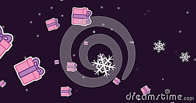 Image of christmas snowflakes and presents falling on black background Stock Photo