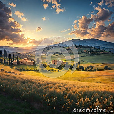 Cipressi Di San Quirico D'Orcia at golden hour with beautiful warm light and clouds on hills italian landscape in Stock Photo