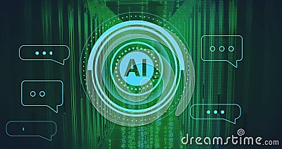 Image of circular ai scanner and chat bot message icons over glowing server room Stock Photo