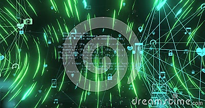 Image of circular pattern and connected icons forming globes with computer language Stock Photo