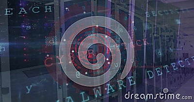 Image of circular scanner, data processing and security warning text over computer server room Stock Photo