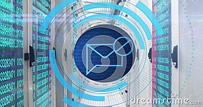 Image of circular scanner processing blocked mail message data over network server room Stock Photo