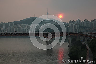 Landscape with river and sunset Stock Photo