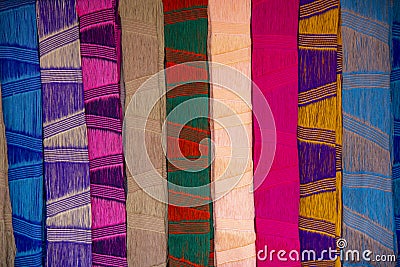 Image close up a lot of adorable beautiful scarf silk fabricated beautifully, scarf Background Wallpaper concept, Chiang Rai, Stock Photo