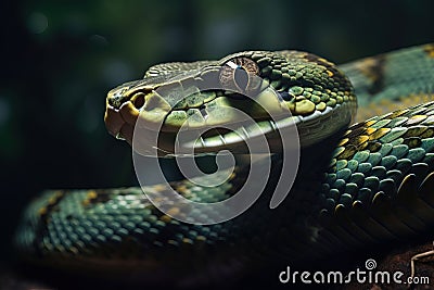 Image of a close-up view of the head of a snake. on natural background. Wild Animals. reptile, illustration. Generative AI Cartoon Illustration