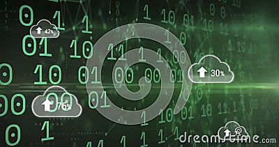 Image of clouds with uploading over binary code on green background Stock Photo