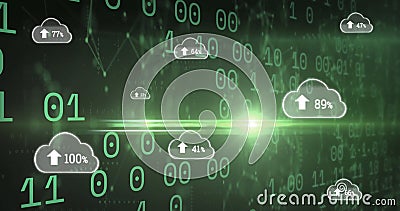Image of clouds with uploading over binary code on green background Stock Photo