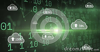 Image of clouds with uploading over binary code on green background Stock Photo