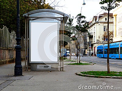 Image collage of bus shelter and white poster ad display glass Editorial Stock Photo
