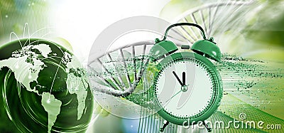 image of a collapsing clock from which particles come off against the background of stylized DNA chains and the planet Earth Stock Photo