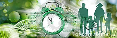 image of a collapsing clock, from which particles come off against the background of stylized DNA chains and silhouettes of a Stock Photo
