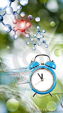 image of a collapsing clock, from which particles are torn off against the background of stylized DNA chains, part of the chain Stock Photo