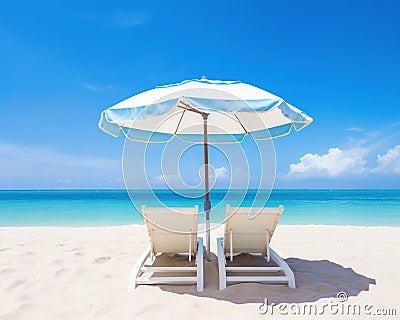 The color beach beds umbrella is on the ocean shore in the summer. Cartoon Illustration