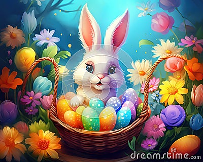Colourful Cute Easter Bunny in a Basket. Cartoon Illustration