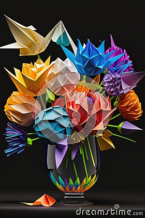 Image of colourful origami paper flowers on black background, created using generative ai technology Stock Photo