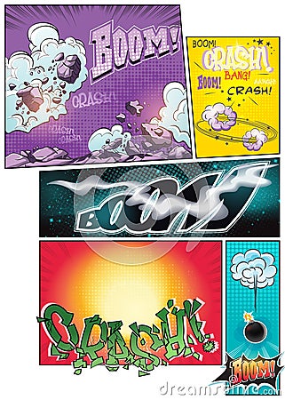 Image comic book pages with different background comic strips and various inscriptions boom Vector Illustration