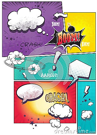 Image comic book pages with different speech bubbles for text, as well as various sounds on a colored background Stock Photo