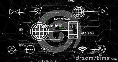 Image of communication media icons over processing data and networks on black Stock Photo