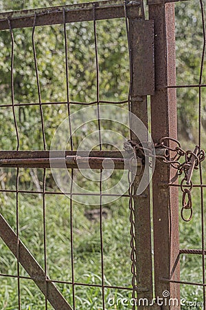 Image of a completely rusted metal gate with green vegetation background Stock Photo