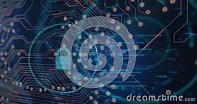 Image of computer circuit board over scope scanning and padlock icon on black background Stock Photo
