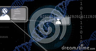 Image of computer language, binary codes, dna helixes and globe over black background Stock Photo