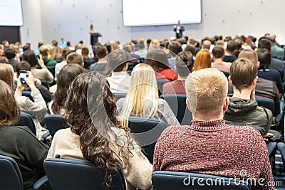 Image of a conference that takes place in a large conference room, workshop for young professionals, training in a large conferenc Editorial Stock Photo