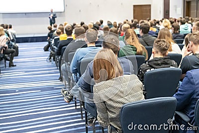 Image of a conference that takes place in a large conference room, workshop for young professionals, training in a large conferenc Editorial Stock Photo
