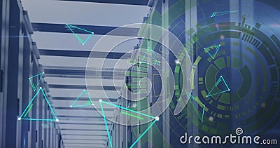 Image of connected dots forming triangles and loading circles over server room Stock Photo